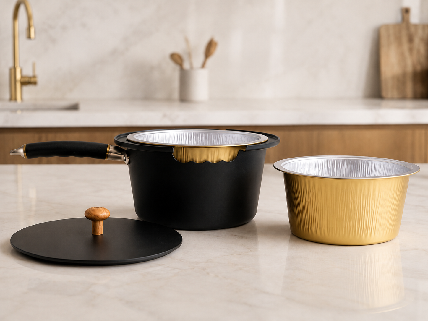 ThroPot starter kit with black base pot, lid, and liners with gold exteriors and silver aluminum interiors
